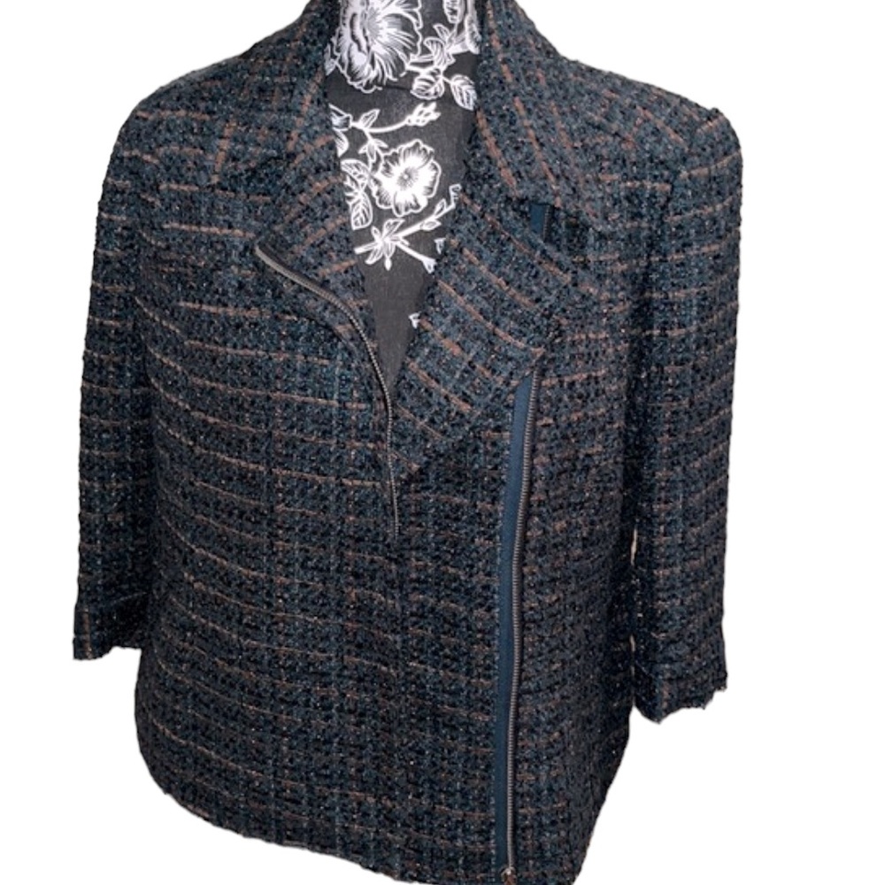 Coldwater Creek  size 10 green & copper plaid zip boucle jacket with 3/4 sleeve…